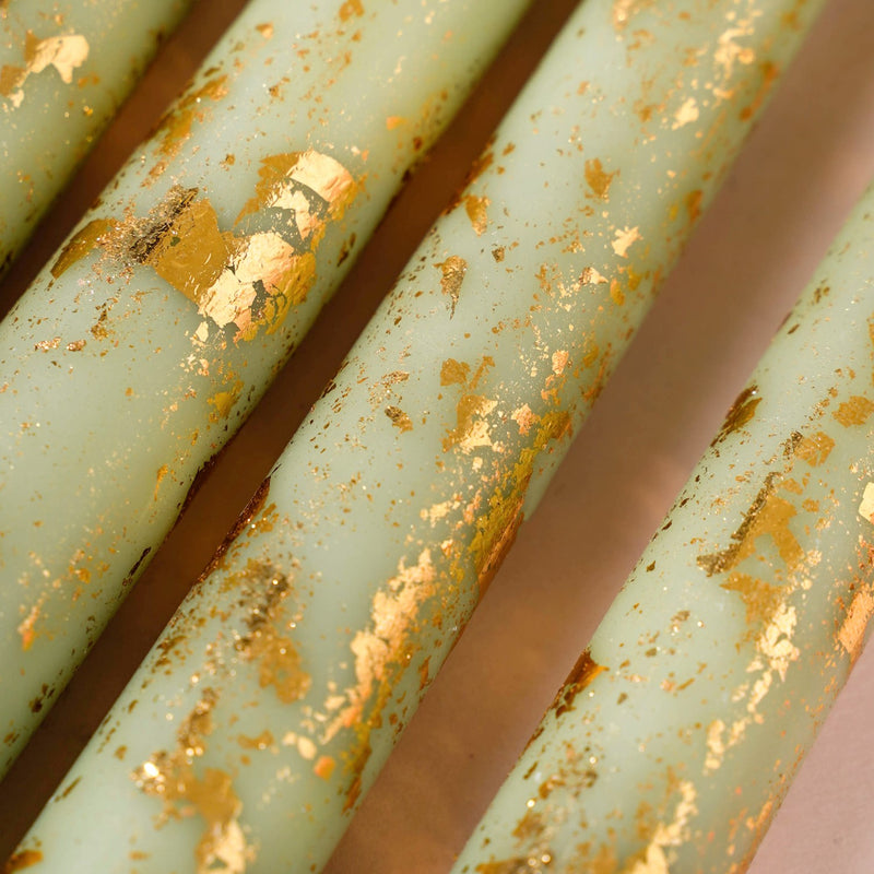 Serene Green Taper Candles With Gold Leaf Design Set Of 8
