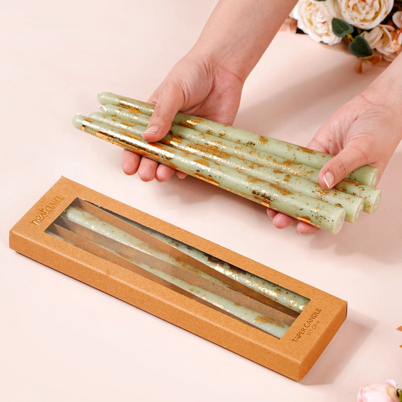 Serene Green Taper Candles With Gold Leaf Design Set Of 8
