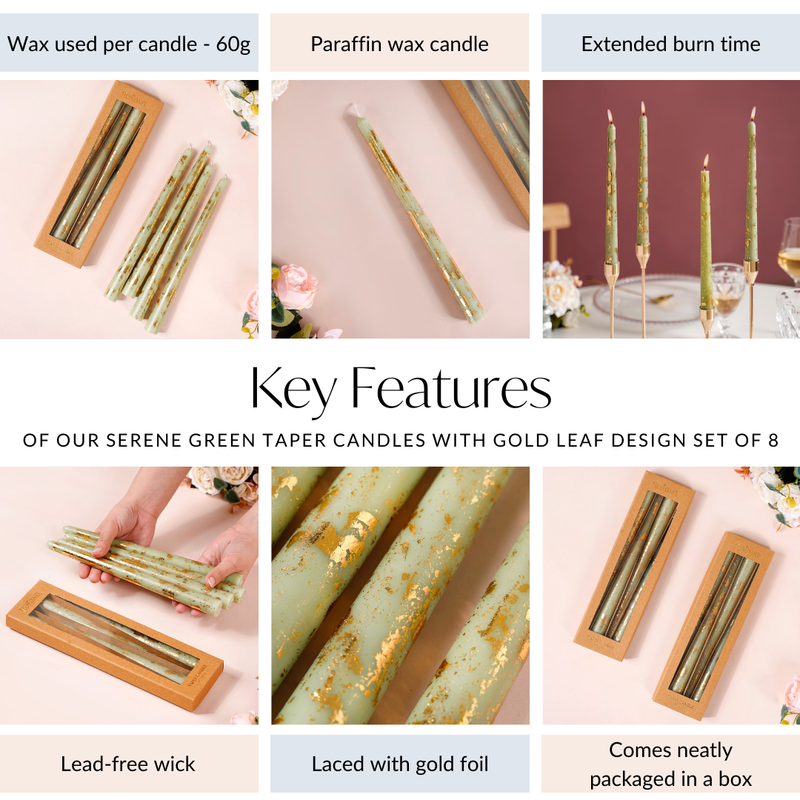 Serene Green Taper Candles With Gold Leaf Design Set Of 8