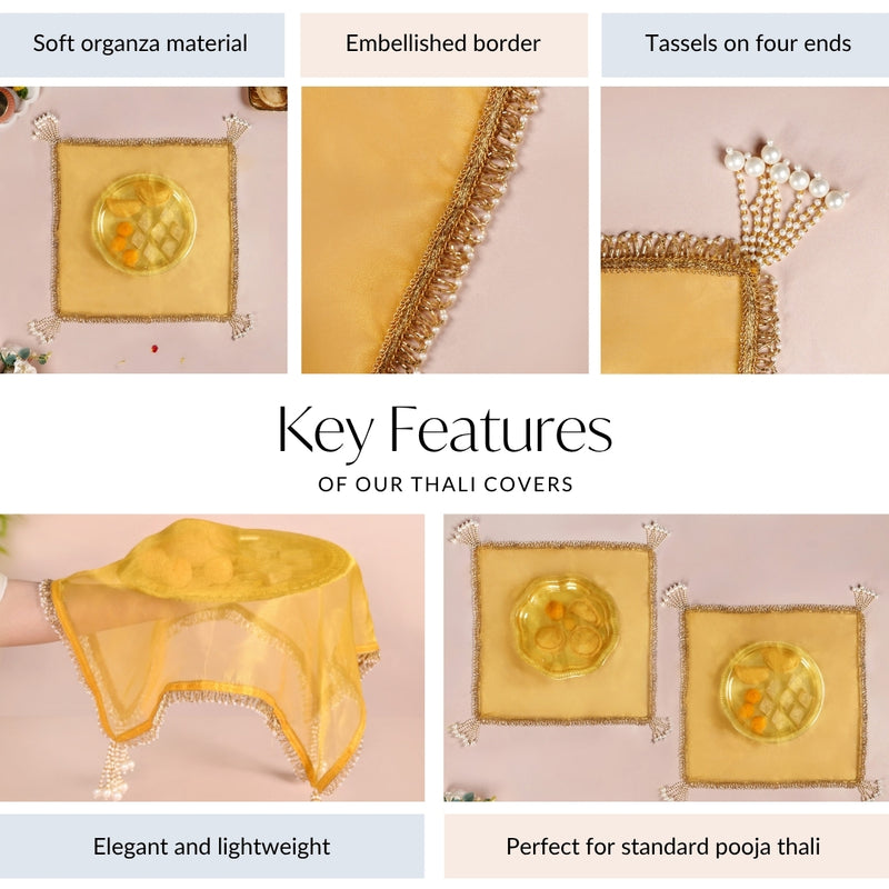 Tasselled Organza Thali Cover Yellow Set Of 2