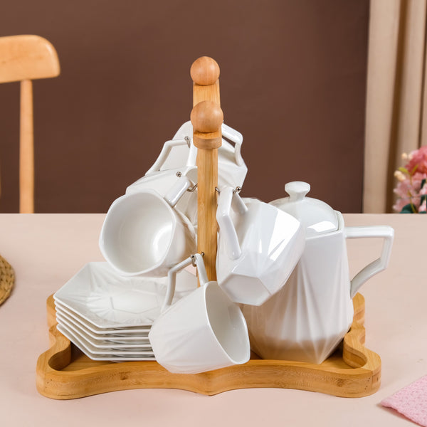 Hexagonal Minimalist White Tea Set With Wooden Stand