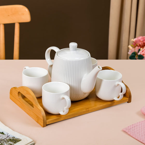 Art Deco Style Ceramic Tea Set With Wooden Serving Tray