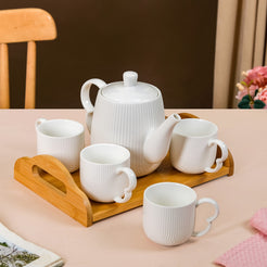 Art Deco Style Ceramic Tea Set With Wooden Serving Tray