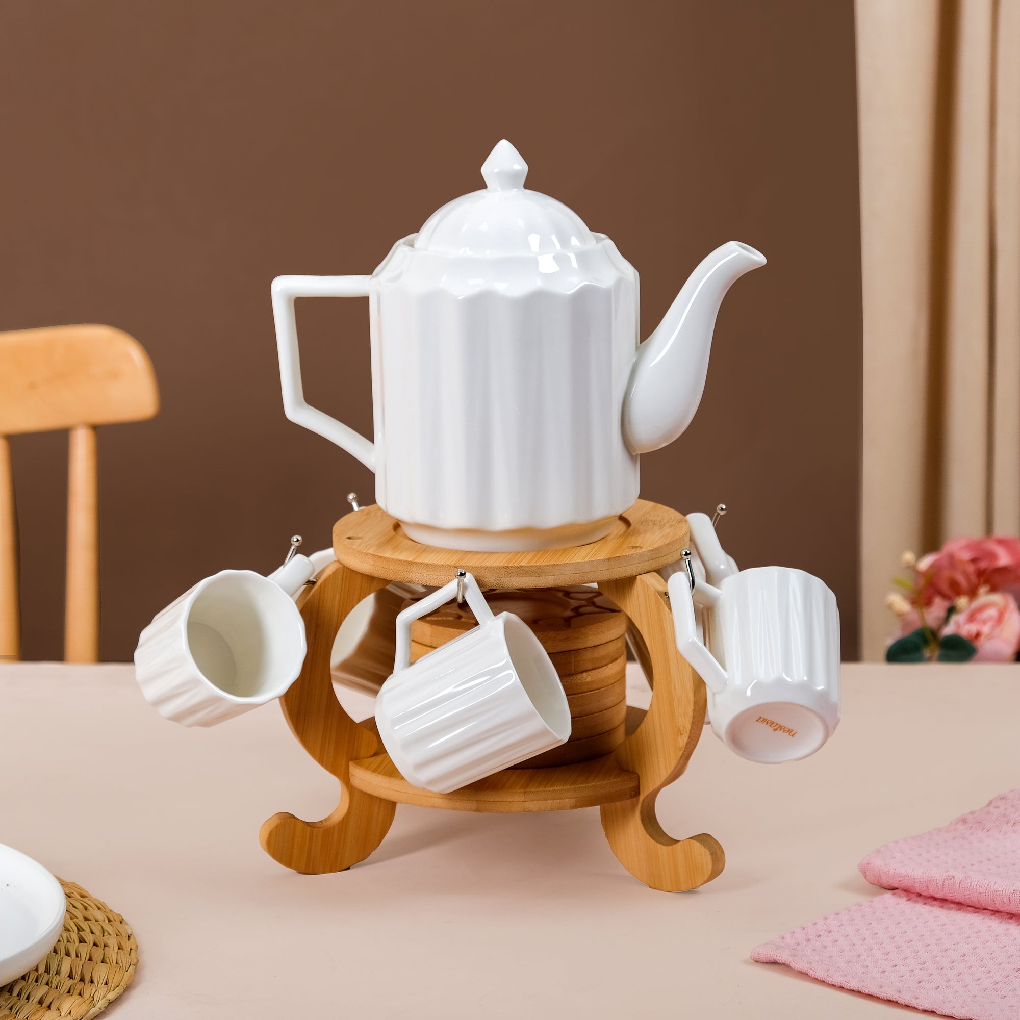 Blanca Fluted Ceramic Tea Set With Cups Kettle And Wooden Stand
