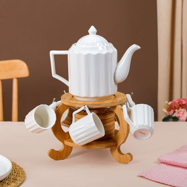 Blanca Fluted Ceramic Tea Set With 6 Cups Kettle And Wooden Stand