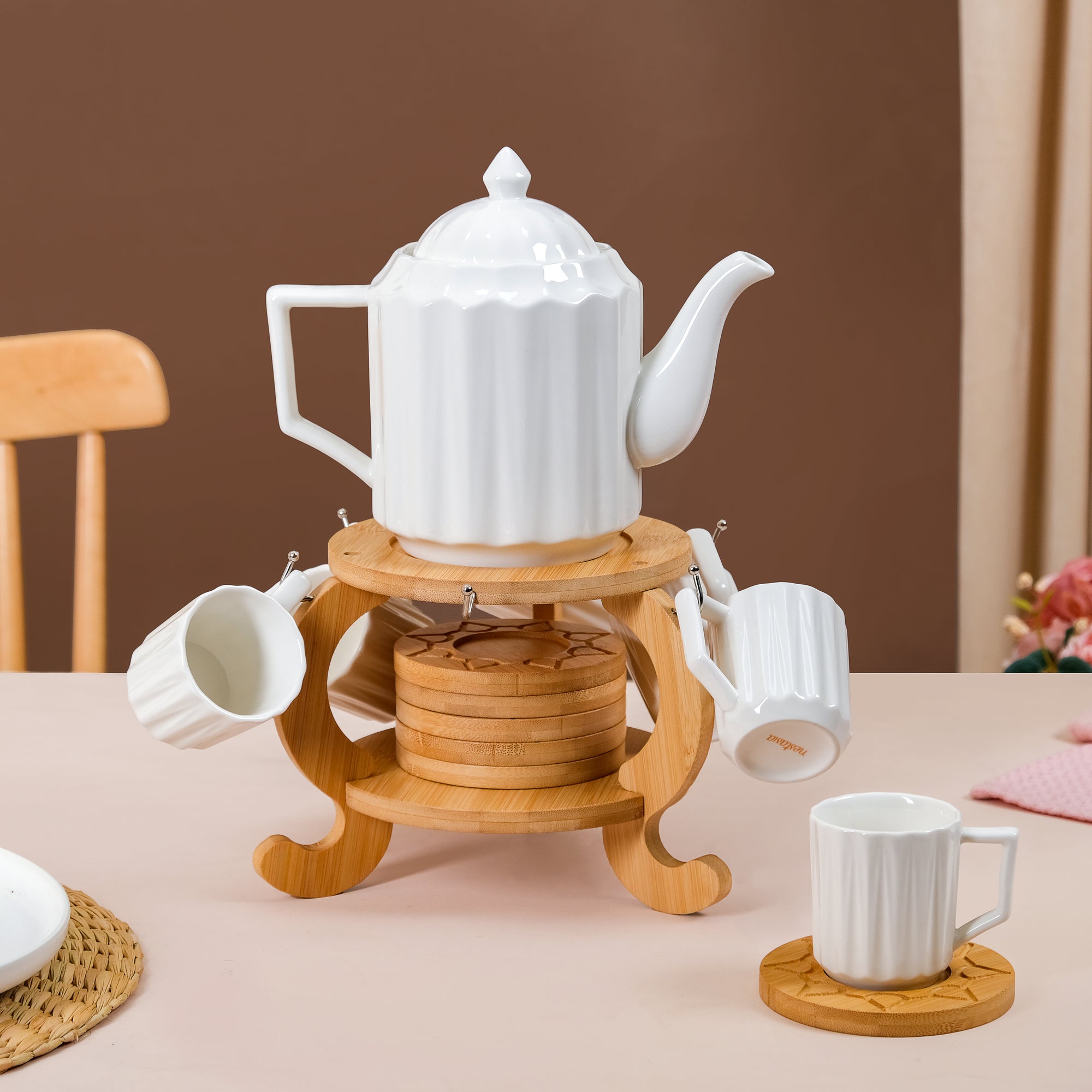 Fluted Ceramic Tea Set With Double Tier Wooden Stand Online