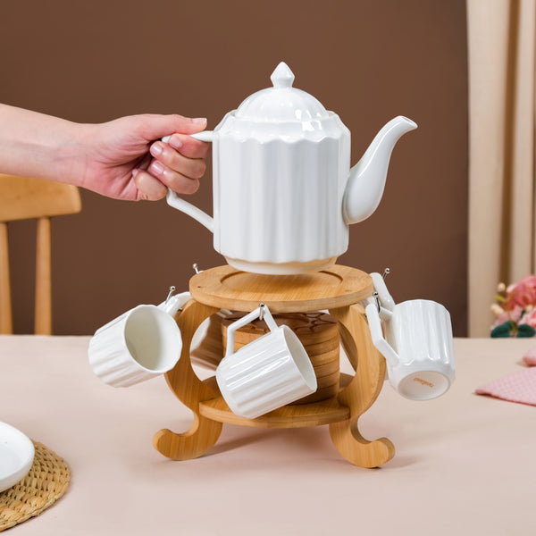 Blanca Fluted Ceramic Tea Set With 6 Cups Kettle And Wooden Stand