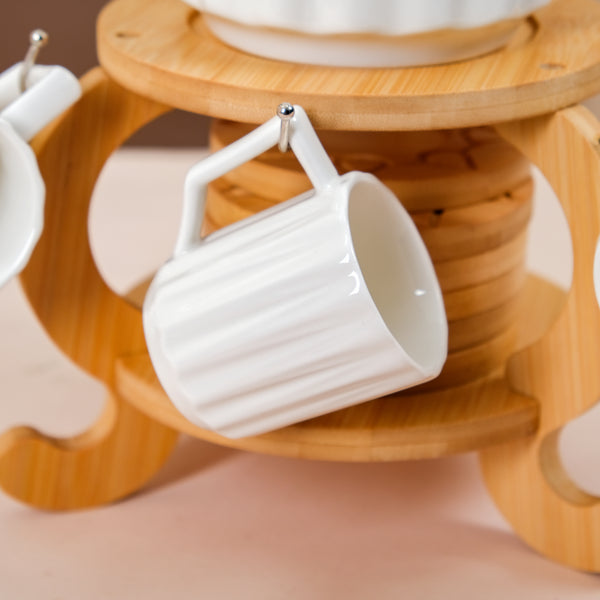 Blanca Fluted Ceramic Tea Set With 6 Cups Kettle And Wooden Stand