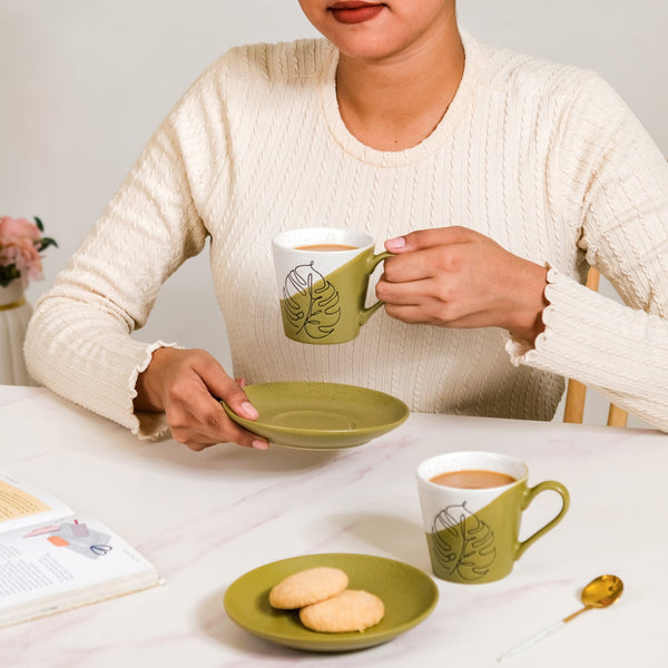 Serene Tropics Ceramic Tea Cup And Saucer Set Of 4 Olive 225ml