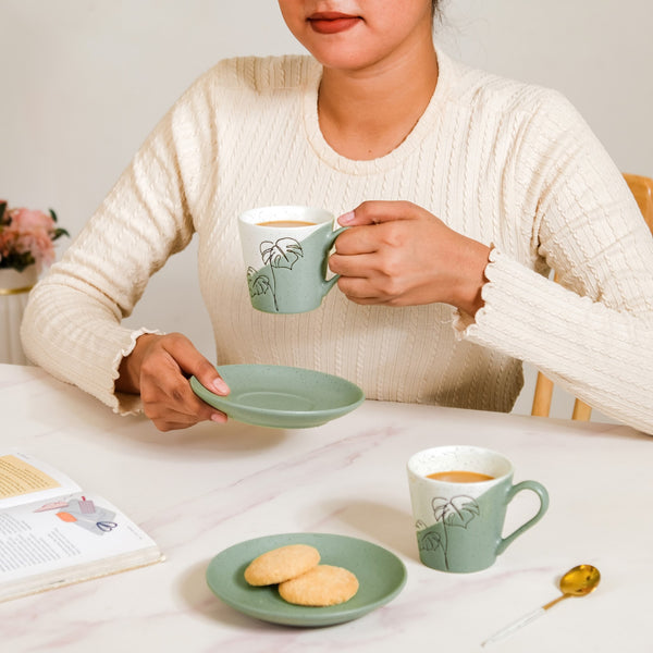 Serene Tropics Ceramic Tea Cup Saucer Set Of 4 Sage 225ml