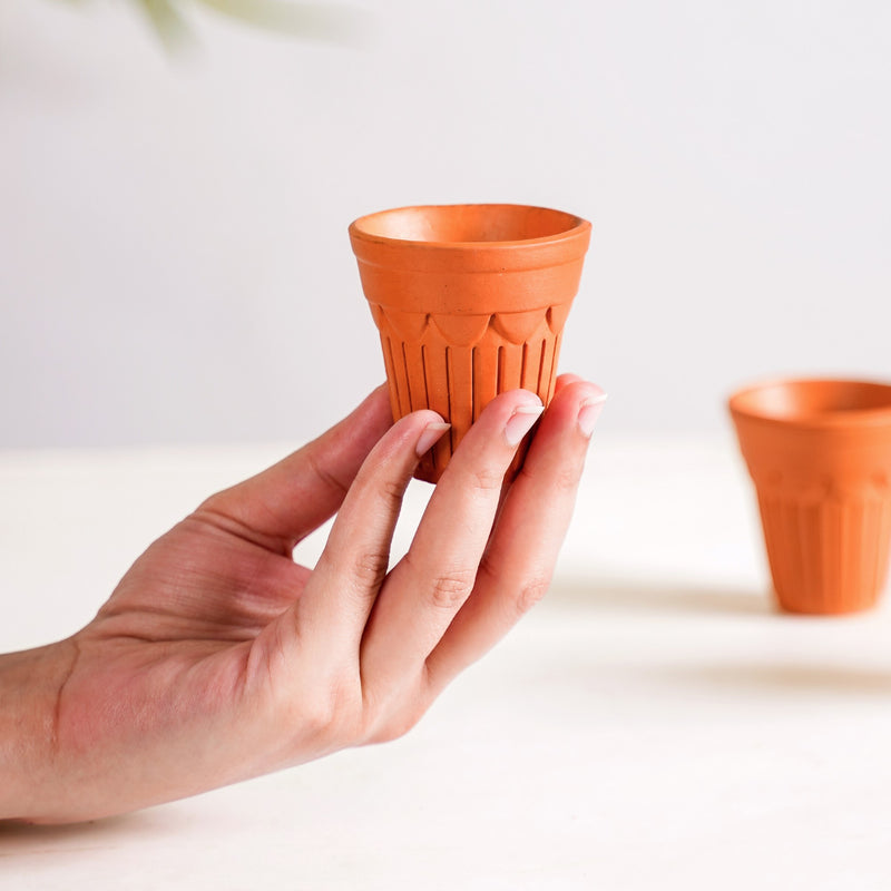 Real Bengal Terracotta Mini Kulhad Cup Set Of 12 60ml- Kulhad, tea cups, tea cup set, cutting chai glasses, tea cups with stand, terracotta tumblers