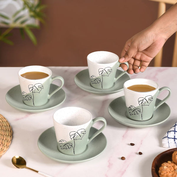 Serene Tropics Ceramic Tea Cup Saucer Set Of 4 Sage 225ml