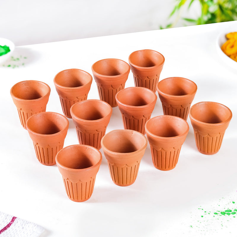 Real Bengal Terracotta Mini Kulhad Cup Set Of 12 60ml- Kulhad, tea cups, tea cup set, cutting chai glasses, tea cups with stand, terracotta tumblers