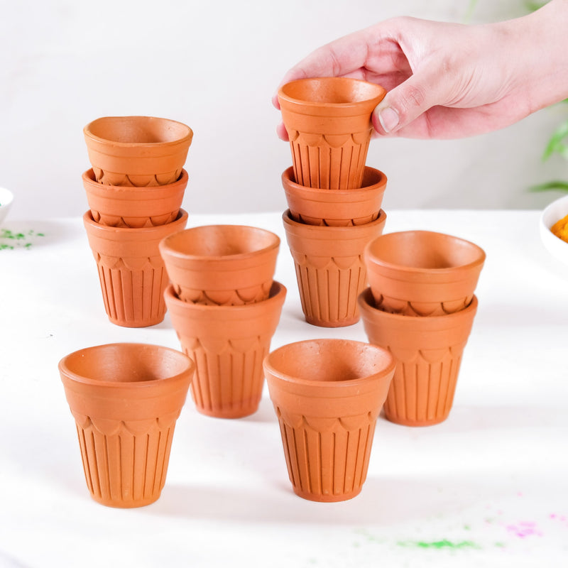 Real Bengal Terracotta Mini Kulhad Cup Set Of 12 60ml- Kulhad, tea cups, tea cup set, cutting chai glasses, tea cups with stand, terracotta tumblers