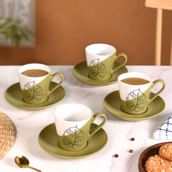 Serene Tropics Ceramic Tea Cup And Saucer Set Of 4 Olive 225ml