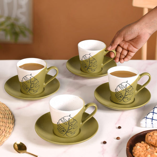 Serene Tropics Ceramic Tea Cup And Saucer Set Of 4 Olive 225ml