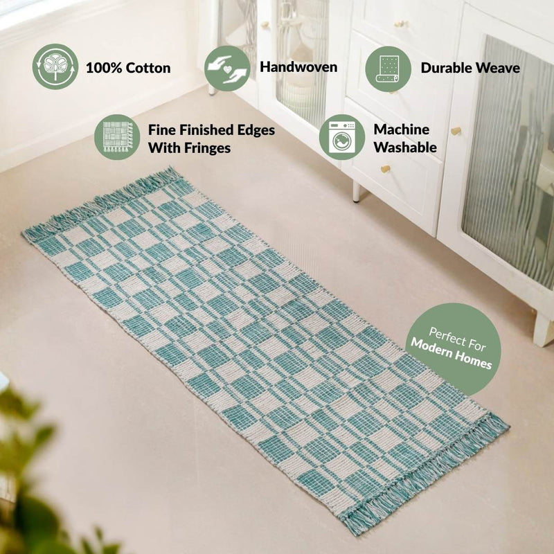 Teal Tide Fringe Cotton Floor Runner 130x50cm