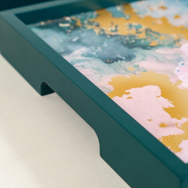 Impressionism Sky Art Tray Set Of 2 Teal Matte Gold