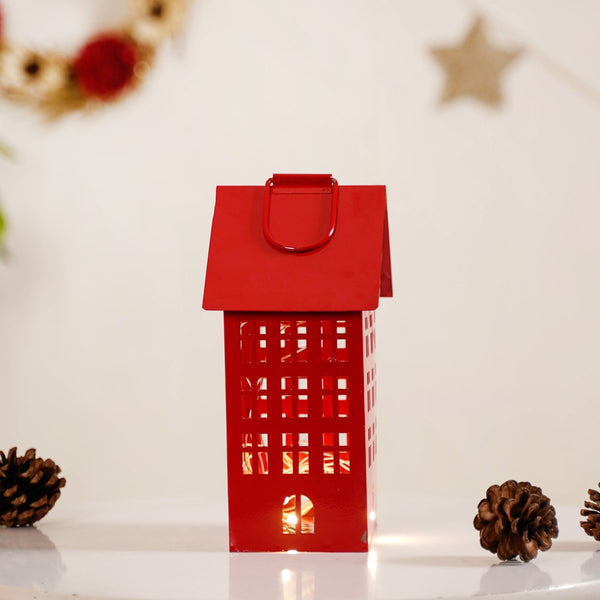Metal House Lantern With Handle Red