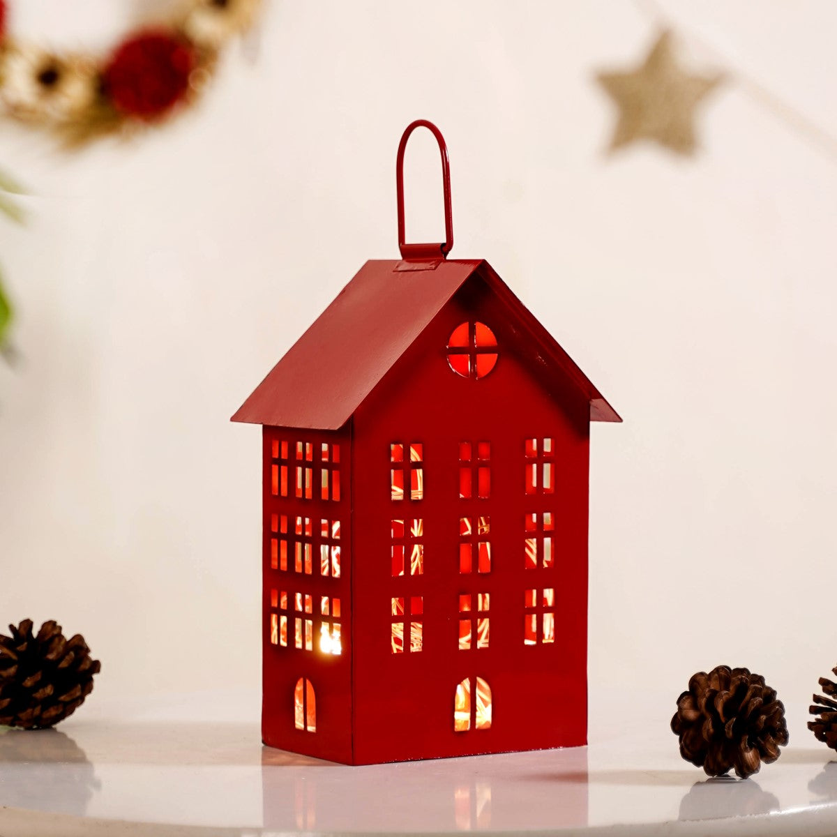 Red House Lantern With Handle Online - Premium Lantern | Nestasia