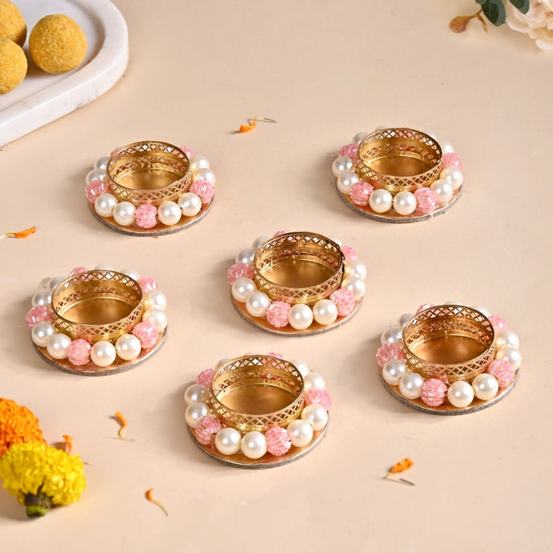 Faux Pearl Bordered Candle Holders With Pink Beads Set Of 6