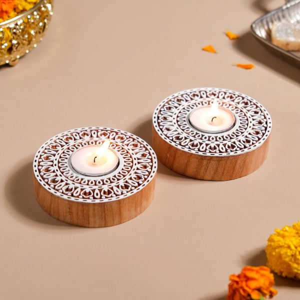 Set Of 2 Round Mandala Candle Holders With Tea Lights