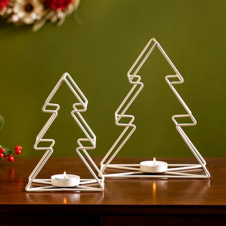 Metal Christmas Tree Candle Holder Set of 2 Ivory