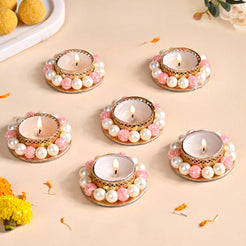 Faux Pearl Bordered Candle Holders With Pink Beads Set Of 6