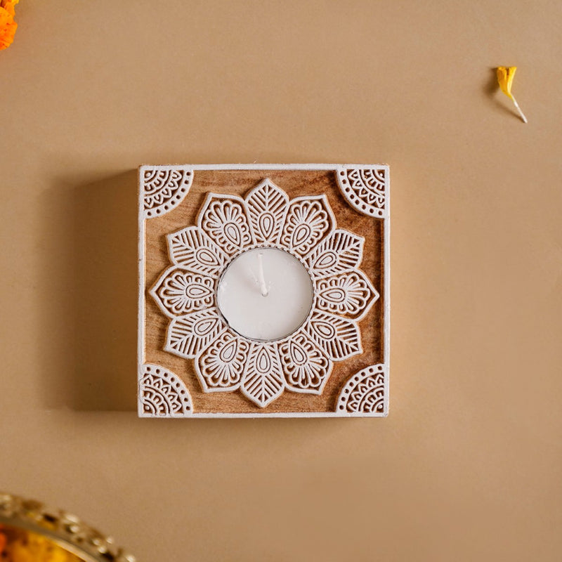 Set Of 2 Square Block Wooden Tea Light Holders