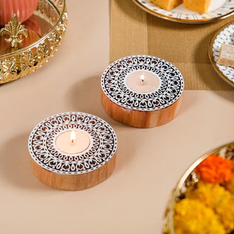 Set Of 2 Round Mandala Candle Holders With Tea Lights