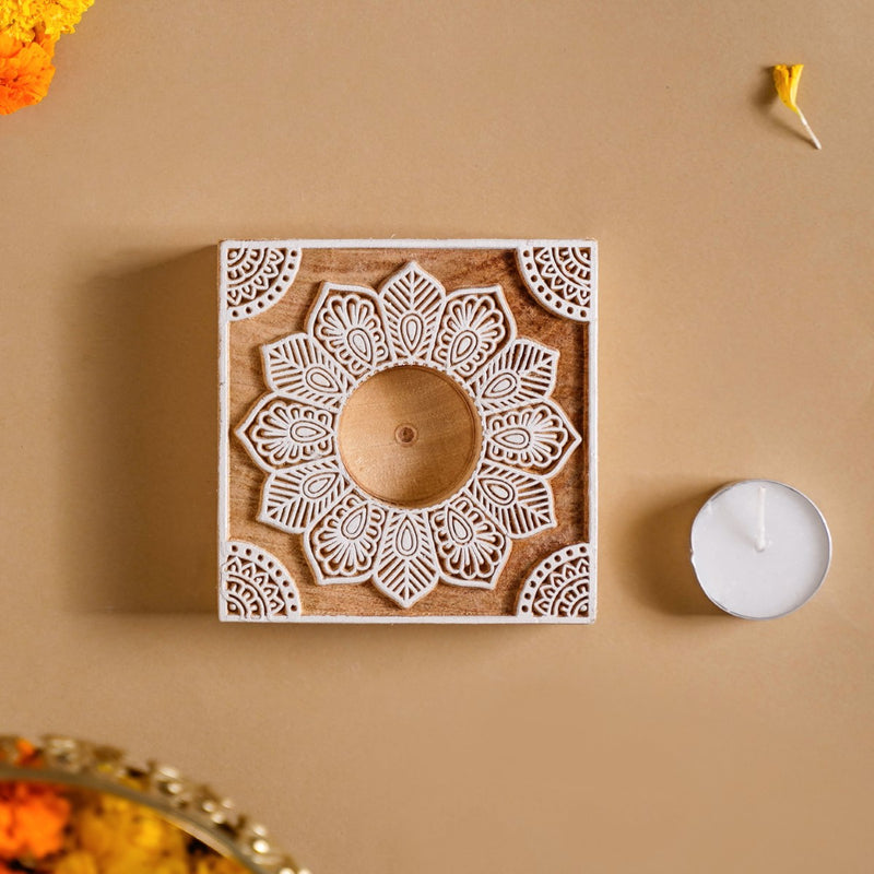 Set Of 2 Square Block Wooden Tea Light Holders