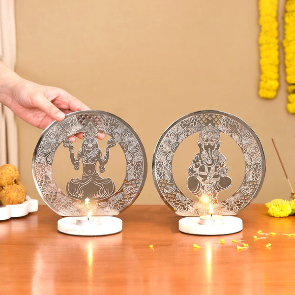 Laxmi Ganesh Metal Tealight Candle Holder Set Of 2