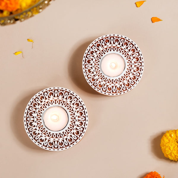 Set Of 2 Round Mandala Candle Holders With Tea Lights