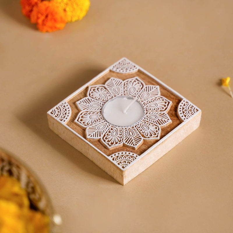 Set Of 2 Square Block Wooden Tea Light Holders