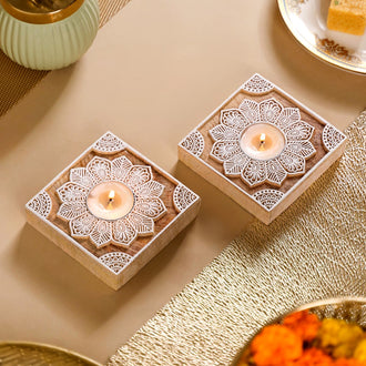 Set Of 2 Square Block Wooden Tea Light Holders