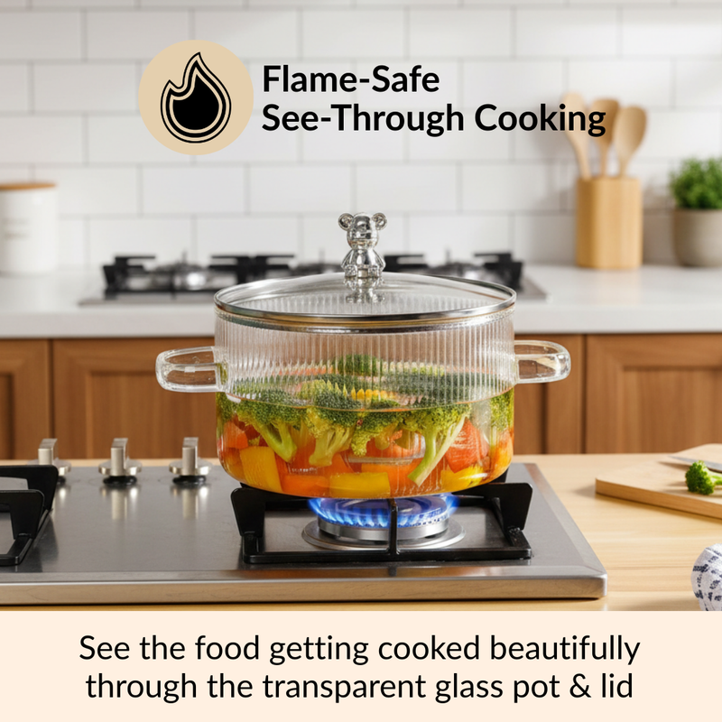 Teddy Lid Borosilicate Glass Cooking Pot 1600ml
