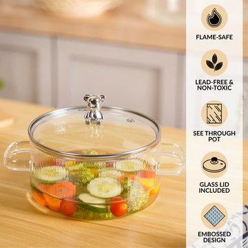 Teddy Lid Borosilicate Glass Cooking Pot 1600ml