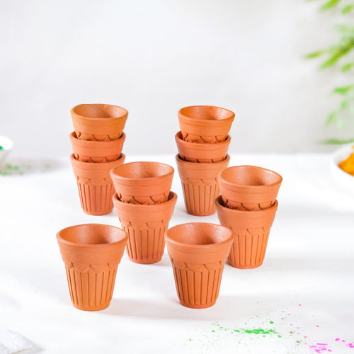 Real Bengal Terracotta Mini Kulhad Cup Set Of 12 60ml- Kulhad, tea cups, tea cup set, cutting chai glasses, tea cups with stand, terracotta tumblers