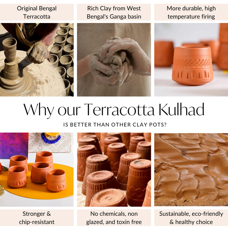 Engraved Terracotta Tumblers Set Of 12 100ml - Kulhad, tea cup set, terracotta tea cups, earthen tea cups, tumbler set of 6