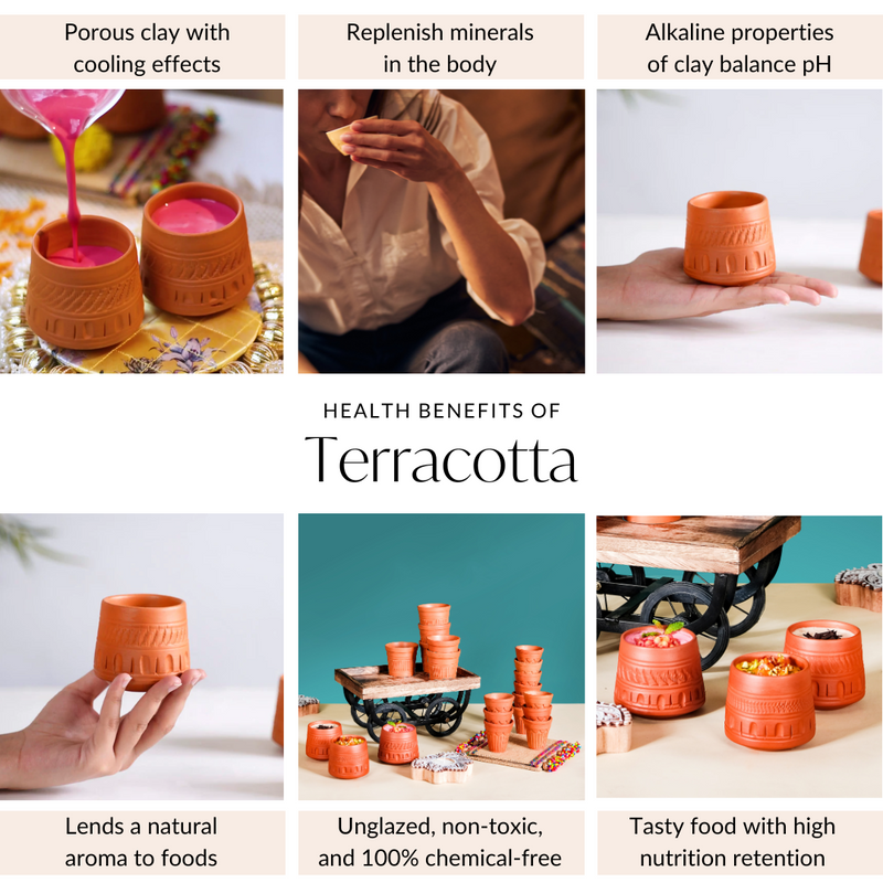 Engraved Terracotta Tumblers Set Of 12 100ml - Kulhad, tea cup set, terracotta tea cups, earthen tea cups, tumbler set of 6