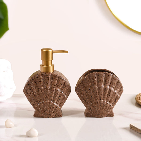 Coastal Shell Stoneware Bath Set Of 2 Brown