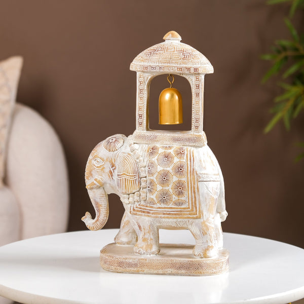 Decorated Elephant With Gold Bell Showpiece White