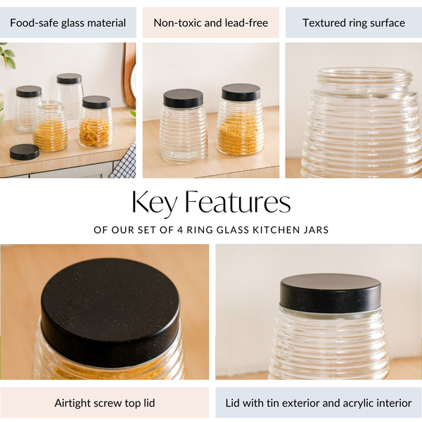 Glass Kitchen Jars With Lid Set Of 4 Rings Design 1400ml