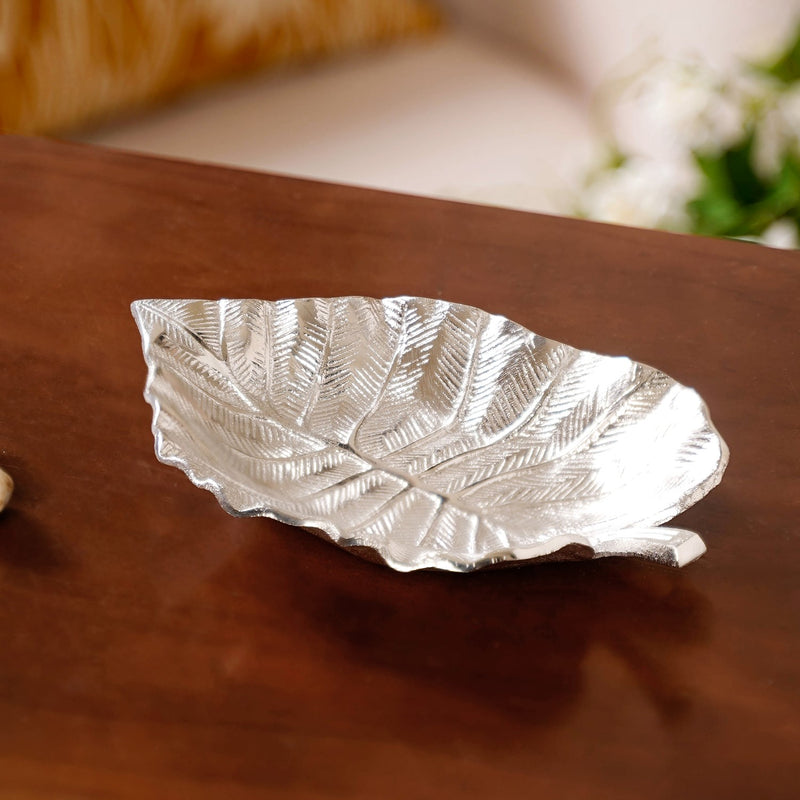 Silver Colocasia Leaf Metal Tray Set Of 2