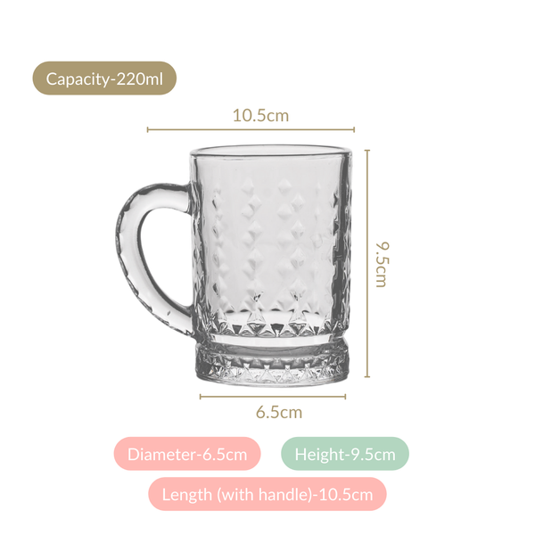 Diamond Embossed Glass Cup Set Of 6 220ml