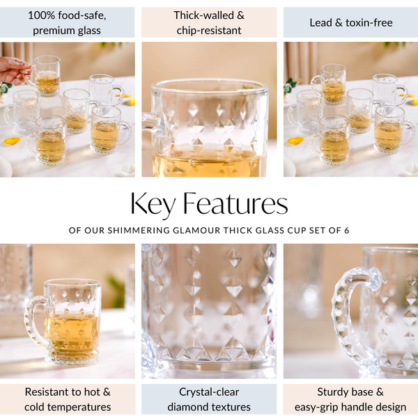 Diamond Embossed Glass Cup Set Of 6 220ml