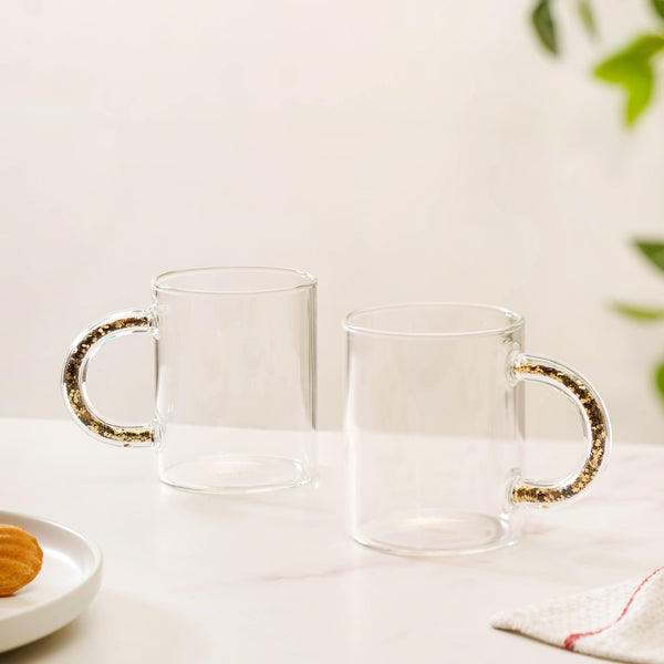 Gold Sparkle Handle Glass Coffee Mug Set Of 2 425ml