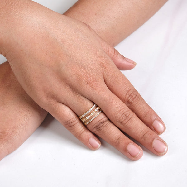 Three Layer Stone Studded Gold Ring