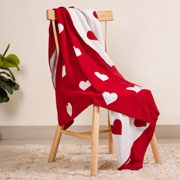 MERRY Heart Double Sided Knitted Throw Blanket - Red, Cream