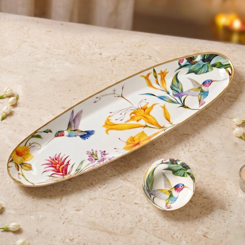 Tropical Long Metal Platter With Dip Bowl Set Of 2 In Gift Box